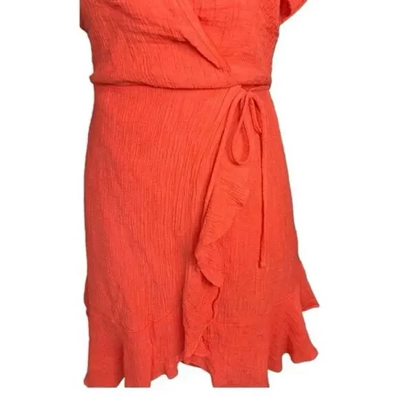 Lush hot coral orange flutter sleeve Mini dress wrap summer coquette cowgirl - Picture 4 of 11